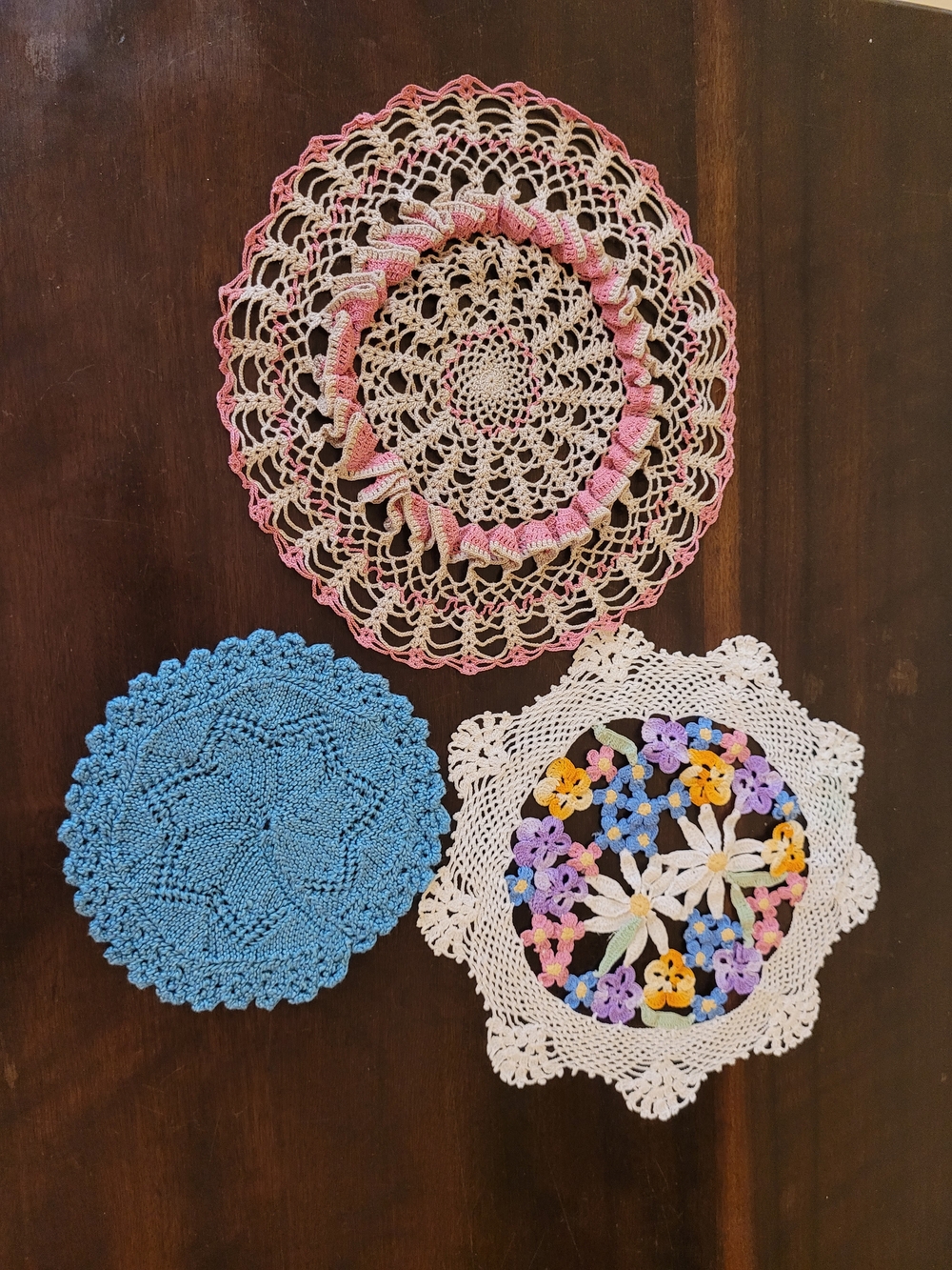 Handmade Crochet Doily Trio - Pink, Blue, White Floral